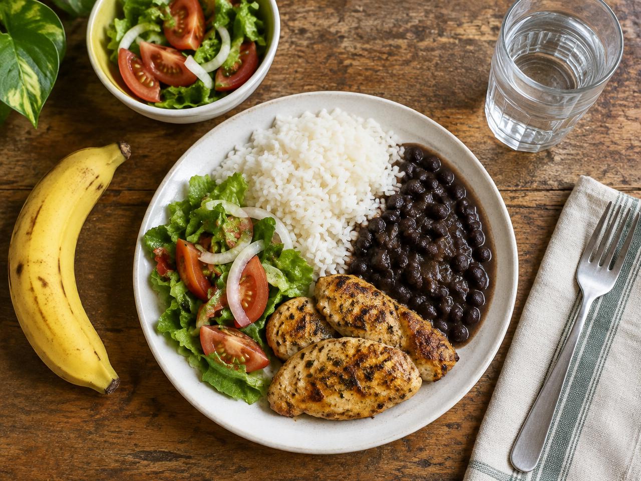 Prato com arroz, feijão, frango grelhado e salada
